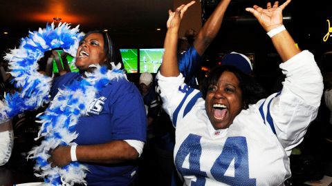 Indianapolis Colts fans Ericka Thomas, left, and Tasha Thomas, both of Indianapolis, react to a Colts score during the team's 31-17 loss to the New Orleans Saints, as fans watch the broadcast of the NFL football game at a Super Bowl party at an Indianapolis restaurant Sunday, Feb. 7, 2010. (AP Photo/Tom Strickland)