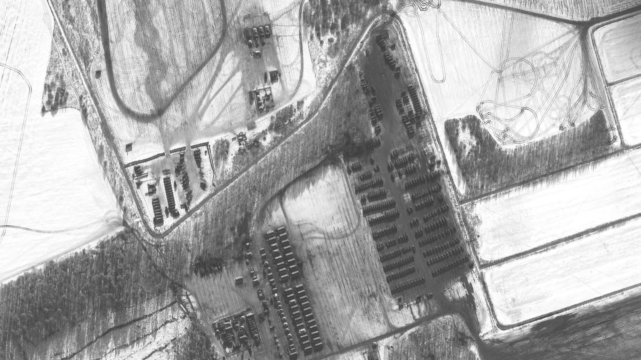 A satellite image shows deployment of troop housing area and military vehicles in Rechitsa, Belarus on February 9. Russia has repeatedly denied it is planning to attack Ukraine, despite its massive troop buildup in the region. 