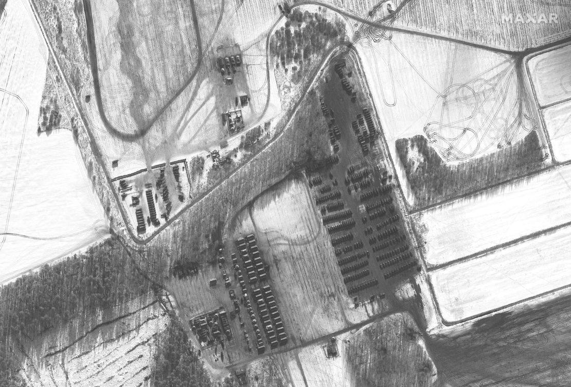 A satellite image shows deployment of troop housing area and military vehicles in Rechitsa, Belarus on February 9. Russia has repeatedly denied it is planning to attack Ukraine, despite its massive troop buildup in the region. 