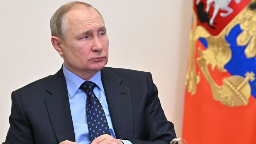 Russian President Vladimir Putin attends a meeting of judges of general jurisdiction and arbitration courts of the Russian Federation via videoconference at the Novo-Ogaryovo residence outside Moscow, Russia, Wednesday, Feb. 9, 2022. (Alexei Nikolsky, Sputnik, Kremlin Pool Photo via AP)