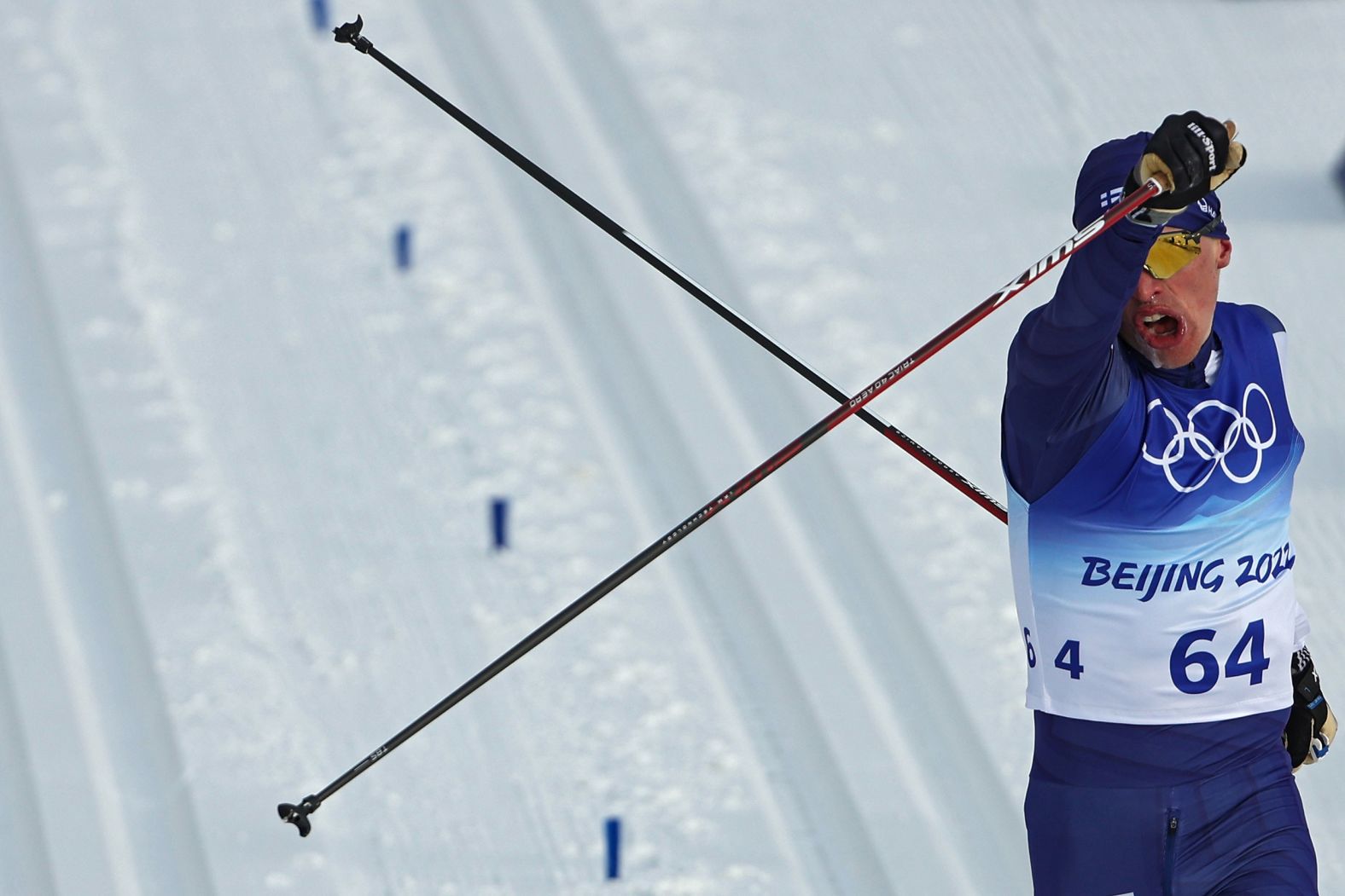 Finnish cross-country skier Iivo Niskanen reacts after<a href="index.php?page=&url=https%3A%2F%2Fwww.cnn.com%2Fworld%2Flive-news%2Fbeijing-winter-olympics-02-11-22-spt%2Fh_18d661345e8fb473c71d9d01be5d823e" target="_blank"> winning the classical 15-kilometer race</a> on February 11.