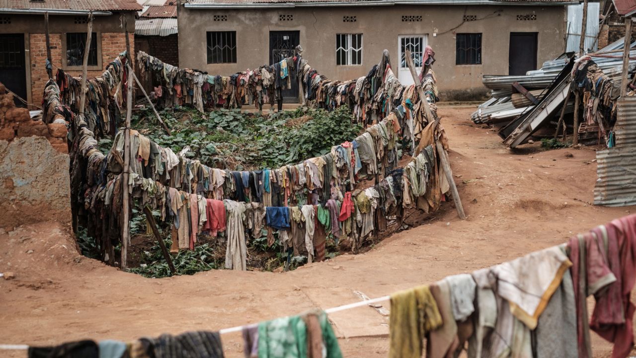 This photo taken on April 9, 2019, shows victims' clothes recovered from pits used as mass graves during the 1994 Rwandan genocide and hidden under houses in Kabuga, on the outskirts of Kigali.