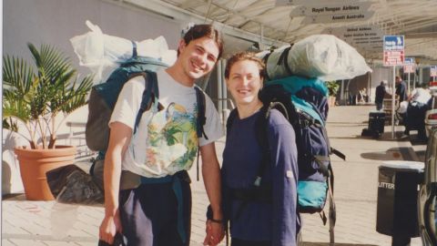 Mandy and Lee at Auckland Airport in 1997, about to embark on their travels.