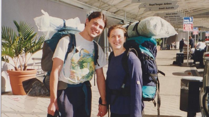 <strong>Travel duo: </strong>Back in their respective homes of New Zealand and the UK, Mandy and Lee were long-distance for a bit before reuniting in the UK at the end of 1996. The following year, they headed off for another six months of travel together. Here they are about to fly to Fiji from Auckland.