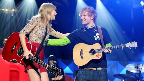 Taylor Swift and Ed Sheeran perform together at Z100's Jingle Ball 2012 at Madison Square Garden, New York City, in December 2012.