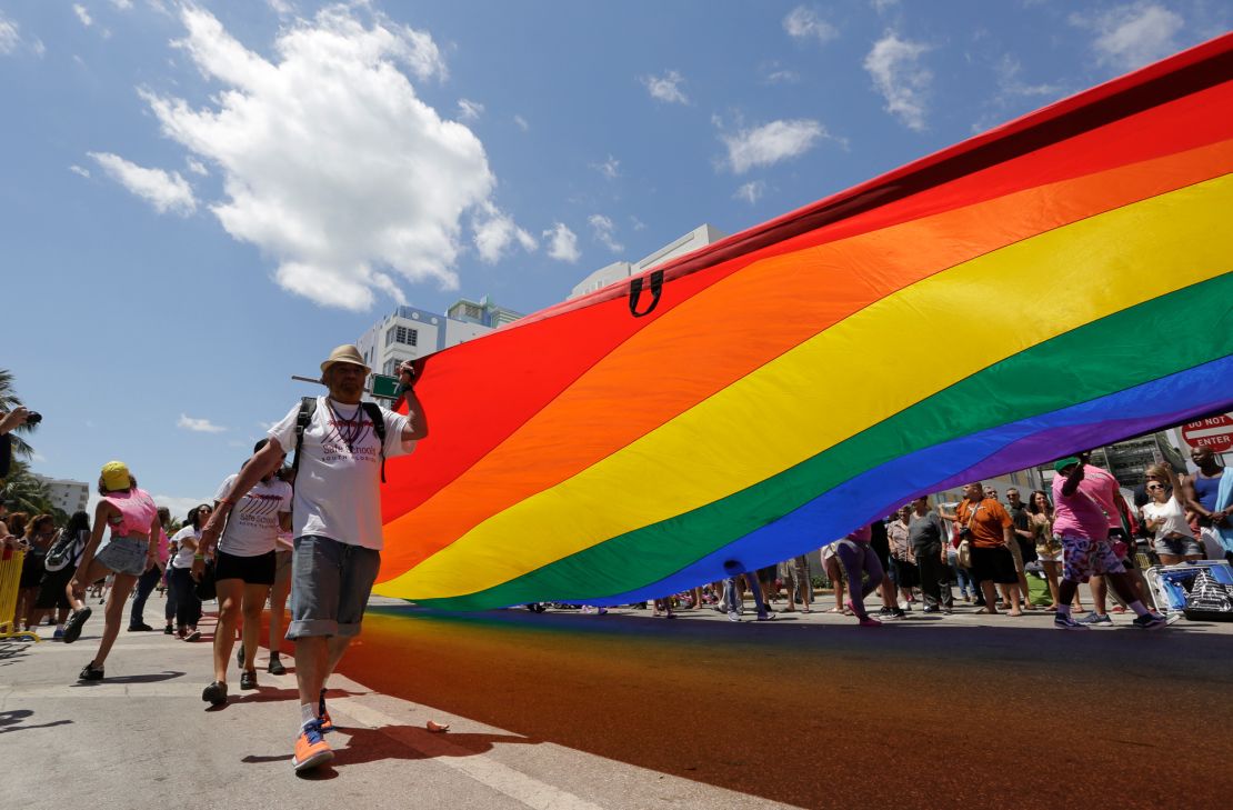 Safe Schools South Florida members displayed a Pride flag at Miami Beach's Pride parade in 2017.