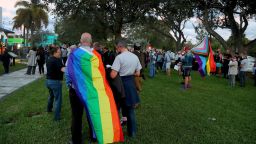 Supporters gather for a Safe Schools South Florida & Friends rally to push back against the so-called "Don't Say Gay" bill (HB 1557/SB 1834) at the Pride Center in Wilton Manors on Tuesday, Feb. 2, 2022. The bill would ban classroom discussions related to sexual orientation and gender identity in schools. (Mike Stocker/Sun Sentinel/Tribune News Service via Getty Images)