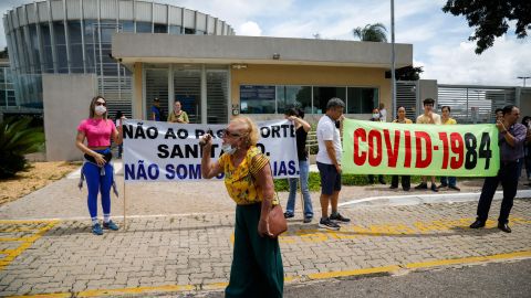 Bolsonaro supporters demonstrate against Covid-19 vaccines outside the Pan American Health Organization headquarters in Brasilia on January 4.