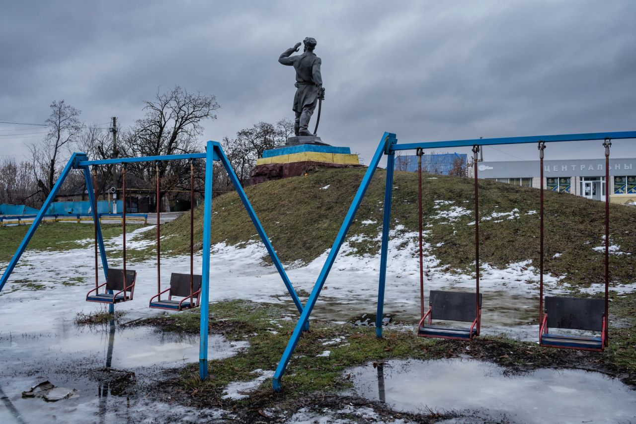 A statue of Kondraty Bulavin, a Ukrainian Cossack who led a rebellion against the Russians in the early 18th century, is seen in Trokhizbenka.