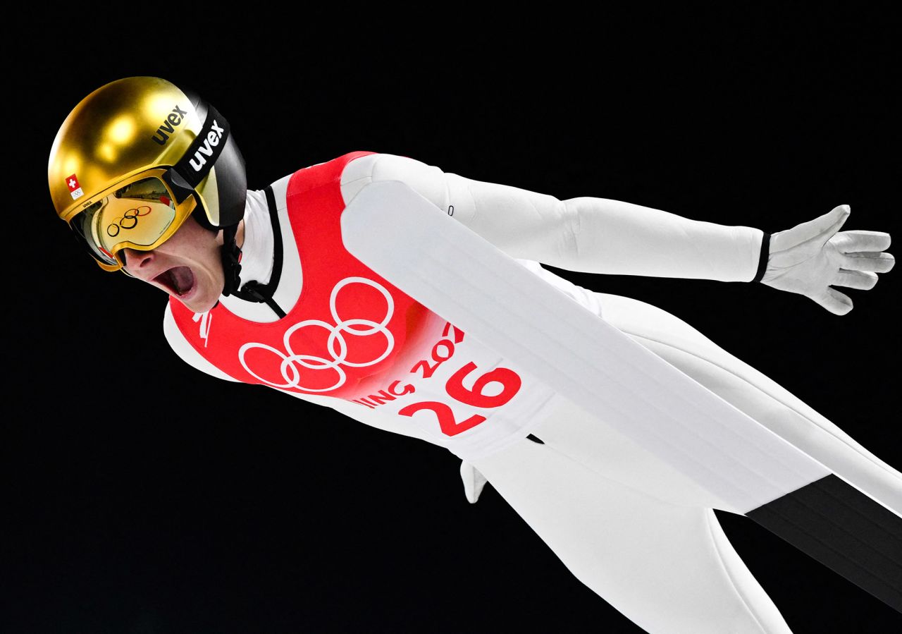 Swiss ski jumper Dominik Peter competes in the large hill event on February 11.