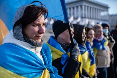 An anti-war demonstration takes place in Kyiv's Independence Square on February 12.