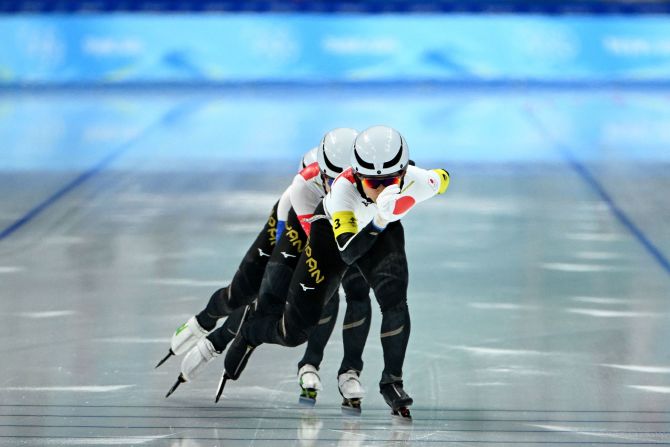 Japanese speedskater Miho Takagi leads her team in the team pursuit quarterfinals on February 12. Japan set a new Olympic record and qualified fastest for the semifinals.