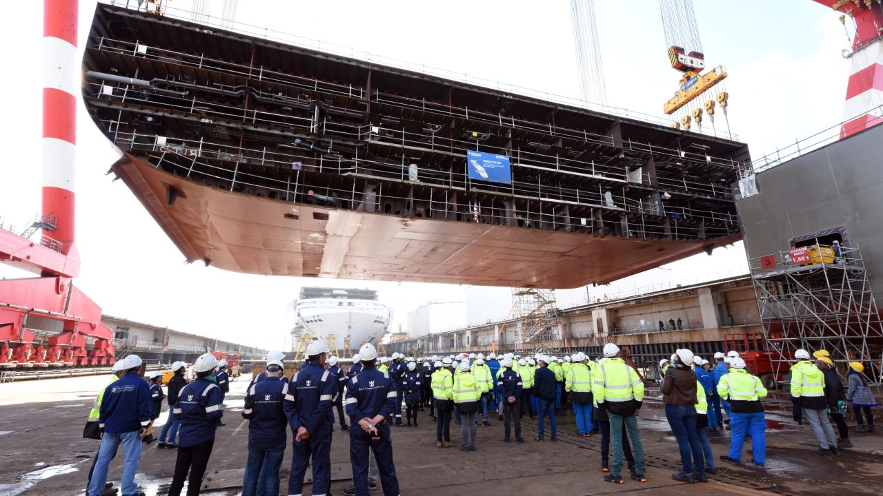 Wonder of the Seas during the start of its physical construction at Chantiers de l'Atlantique shipyard in France.