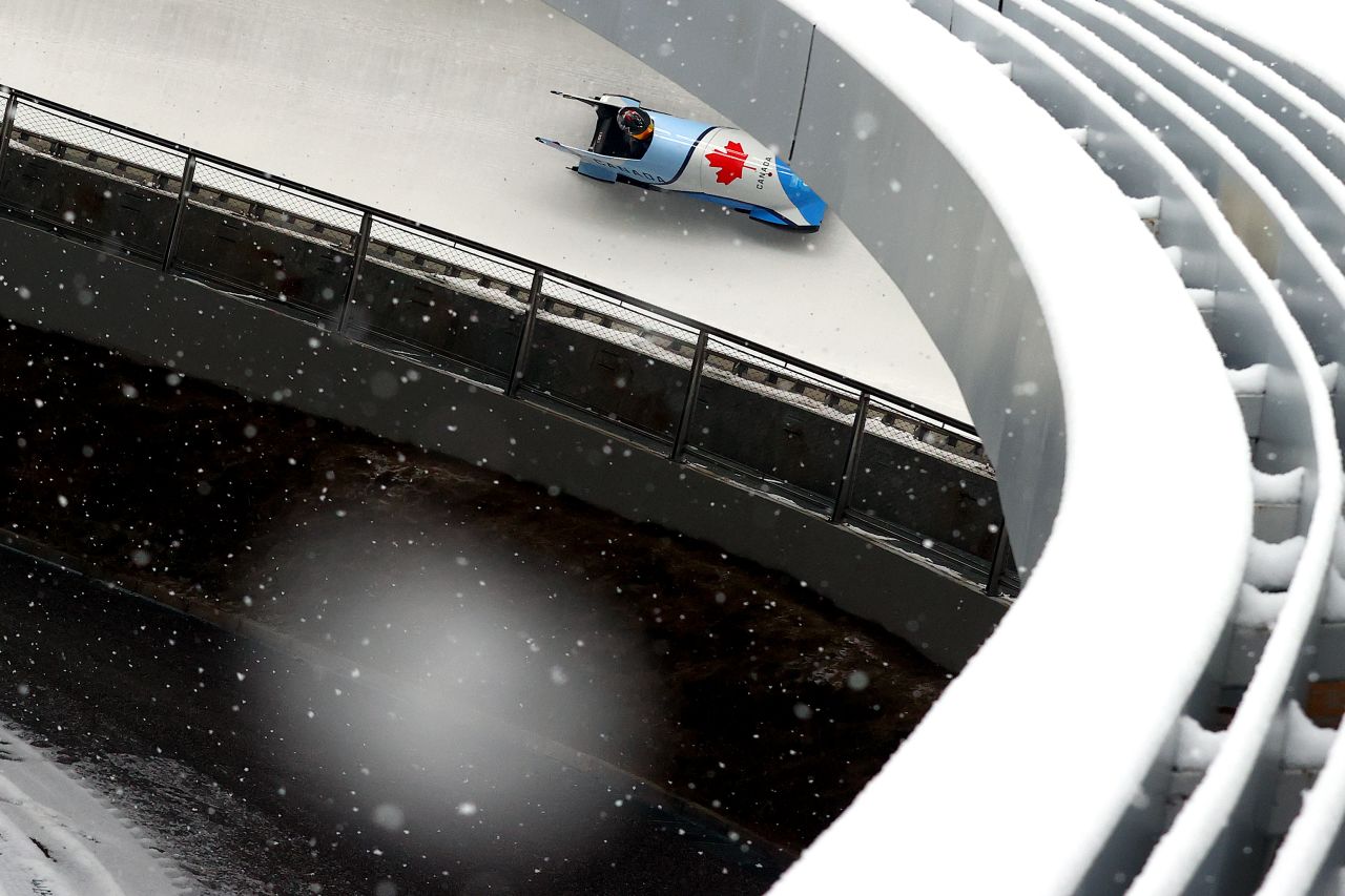 Snow falls as Canada's Cynthia Appiah competes in the monobob on February 13.