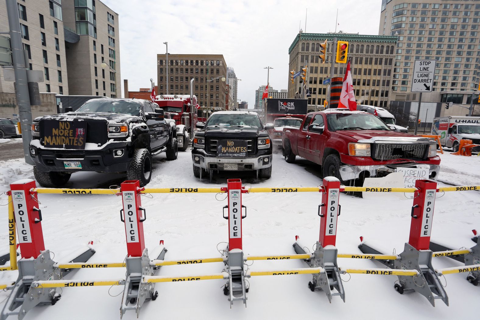 Trucks parked in downtown Ottawa continue to protest Covid-19 mandates on February 4.