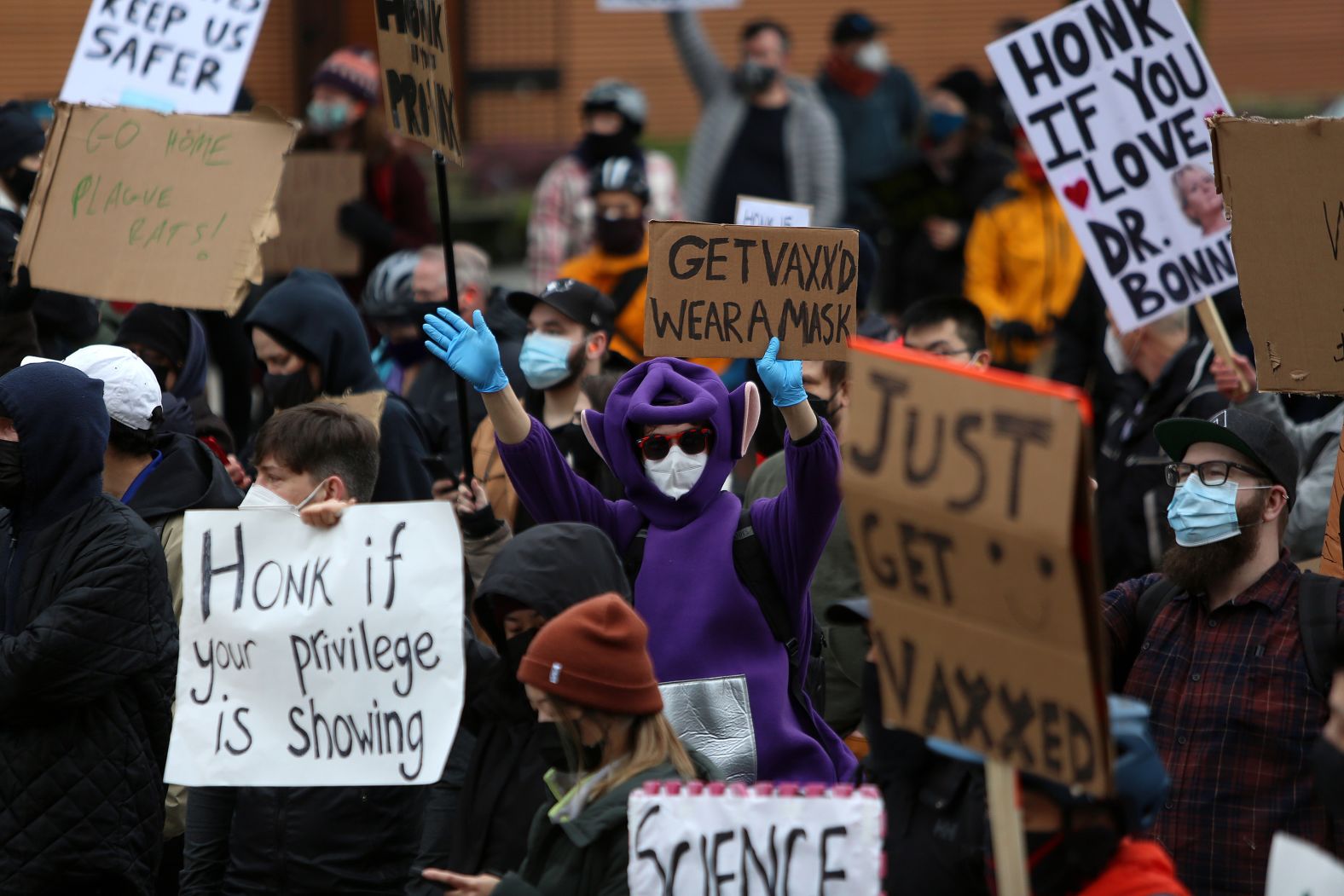 Counterprotesters gather at Terminal Avenue to block a convoy of protesters in Vancouver on February 5.