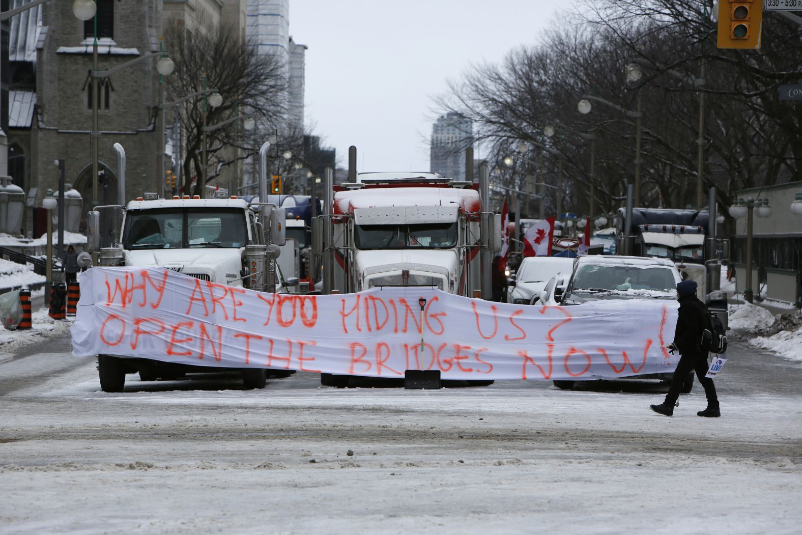 Trucks from the so-called Freedom Convoy block downtown streets during a demonstration in Ottawa on February 3.