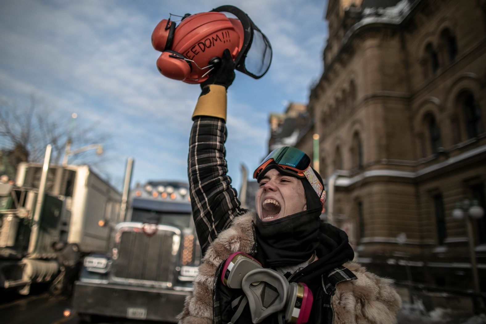 Truck drivers and supporters protest in Ottawa on January 31.