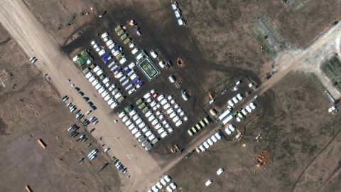 A more recent satellite image from Maxar shows troops and equipment at Oktyabrskoye airfield, Crimea, Ukraine, on February 10, 2022. 