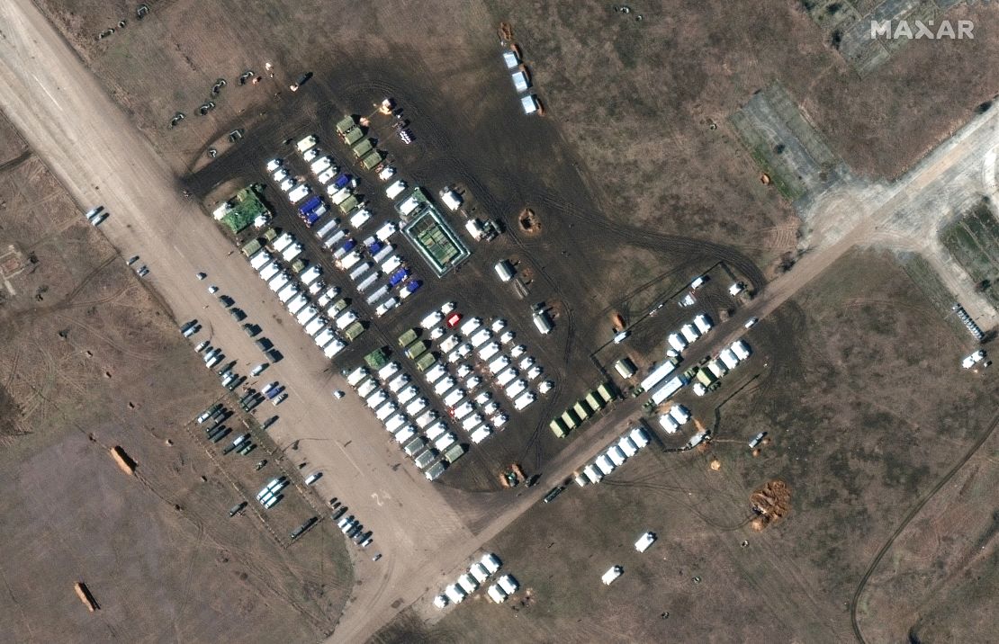 A more recent satellite image from Maxar shows troops and equipment at Oktyabrskoye airfield, Crimea, Ukraine, on February 10, 2022. 