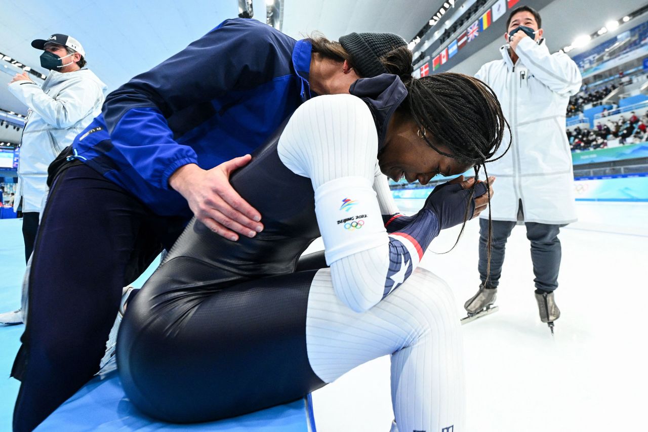 American speedskater Erin Jackson celebrates after <a href="https://www.cnn.com/2022/02/13/sport/erin-jackson-500m-speed-skating-winter-olympics-gold-medal-spt-intl/index.html" target="_blank">winning the 500 meters</a> on February 13. She's the first Black woman to win an individual medal in speedskating at the Olympics, according to Team USA. She's also the first US woman to win a speedskating gold at the Olympics since Bonnie Blair did so in 1994.