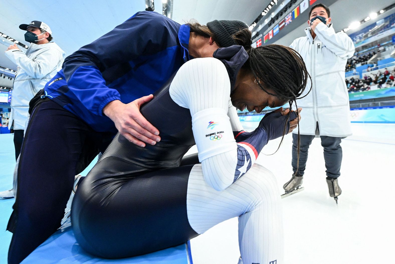 American speedskater Erin Jackson celebrates after <a href="index.php?page=&url=https%3A%2F%2Fwww.cnn.com%2F2022%2F02%2F13%2Fsport%2Ferin-jackson-500m-speed-skating-winter-olympics-gold-medal-spt-intl%2Findex.html" target="_blank">winning the 500 meters</a> on February 13. She's the first Black woman to win an individual medal in speedskating at the Olympics, according to Team USA. She's also the first US woman to win a speedskating gold at the Olympics since Bonnie Blair did so in 1994.