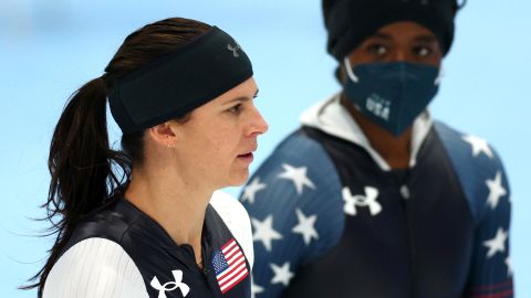Brittany Bowe (left) and Erin Jackson look on during a training session at Beijing's National Speed Skating Oval ahead of the Winter Olympics.