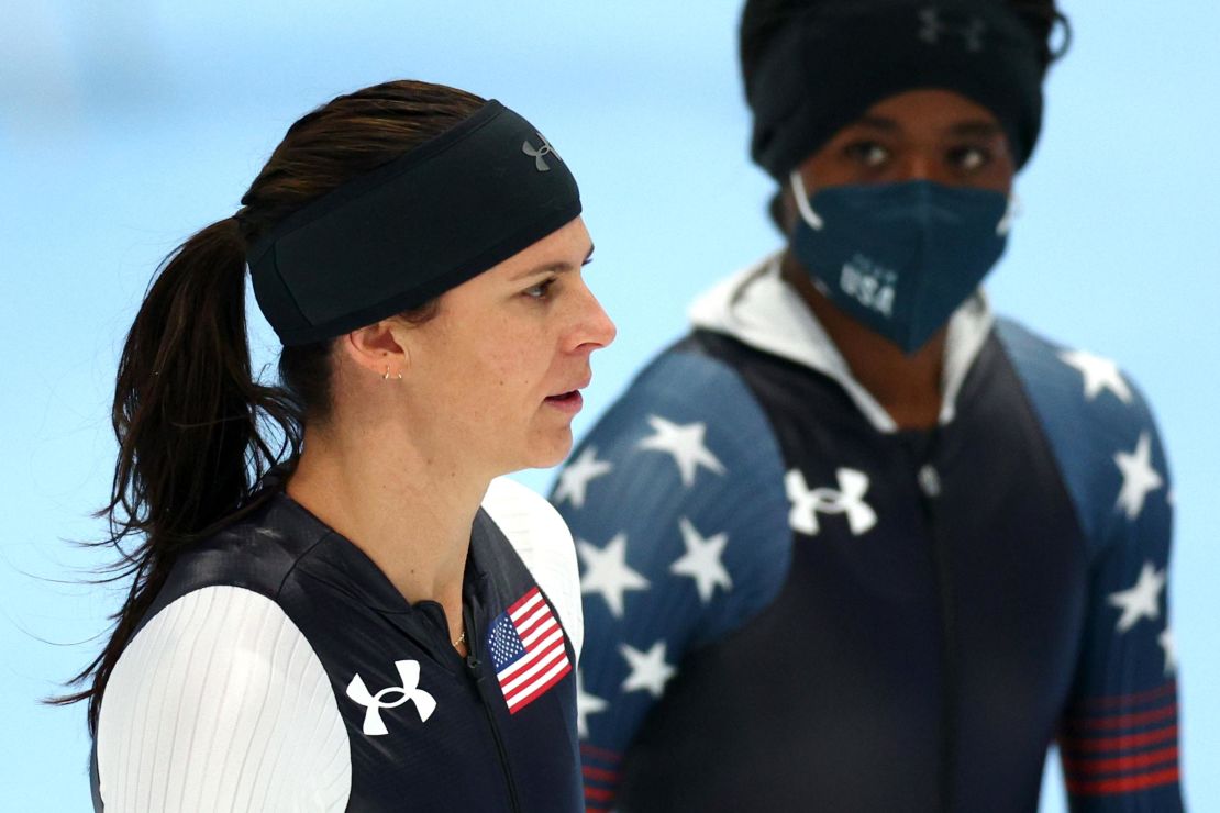 Brittany Bowe (left) and Erin Jackson look on during a training session at Beijing's National Speed Skating Oval ahead of the Winter Olympics.