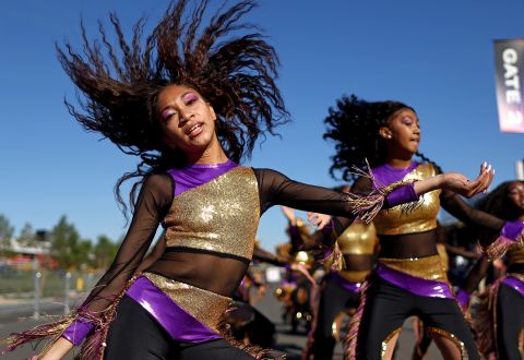 The Divas of Compton dance team performs outside the stadium during pregame festivities.
