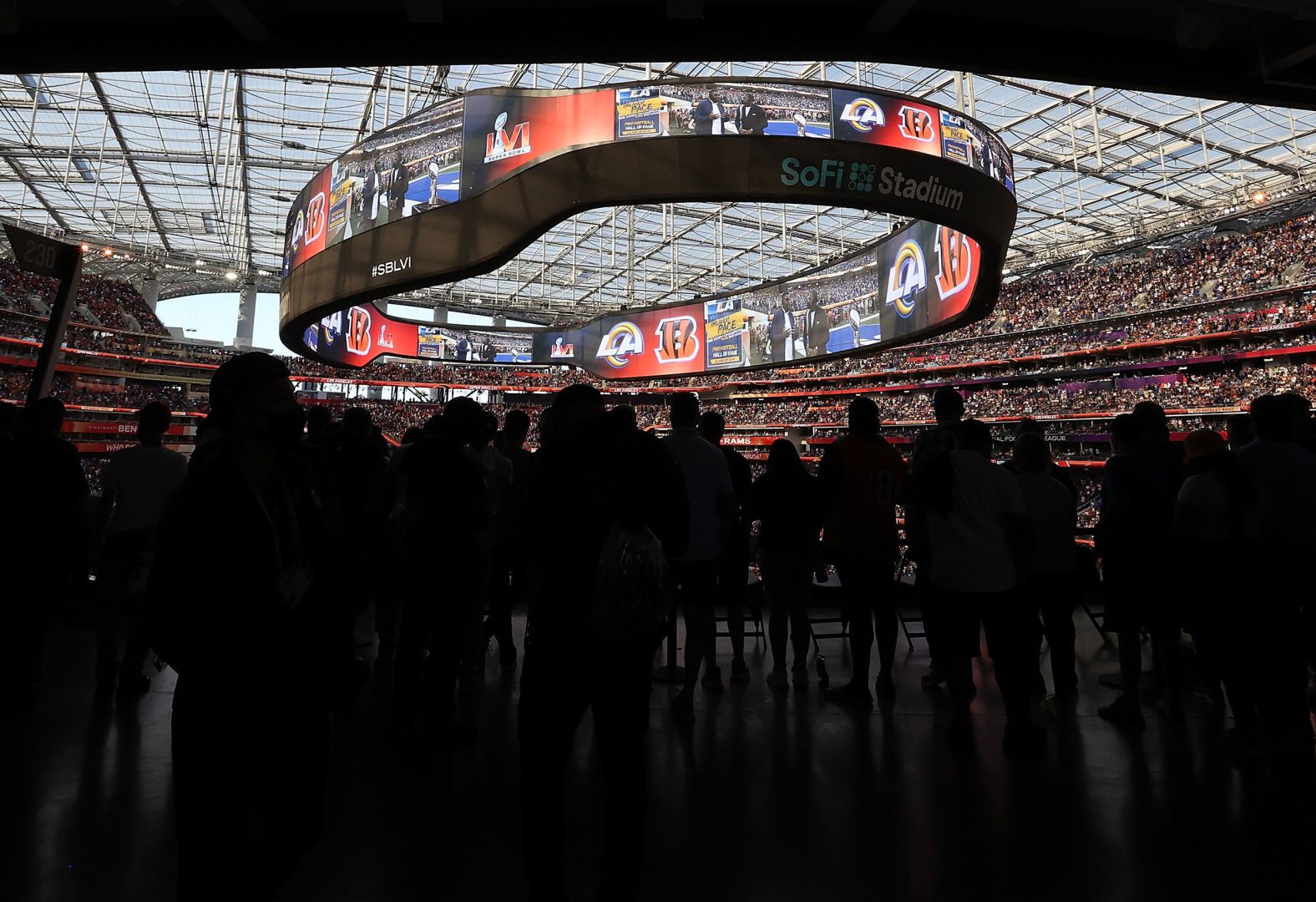 Fans at SoFi Stadium watch pregame festivities.