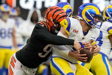 Bengals defensive end Trey Hendrickson sacks Stafford on the game's opening drive.