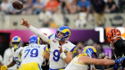 Los Angeles Rams quarterback Matthew Stafford (9) passes against the Cincinnati Bengals during the first half of the NFL Super Bowl 56 football game Sunday, Feb. 13, 2022, in Inglewood, Calif. (AP Photo/Marcio Jose Sanchez)