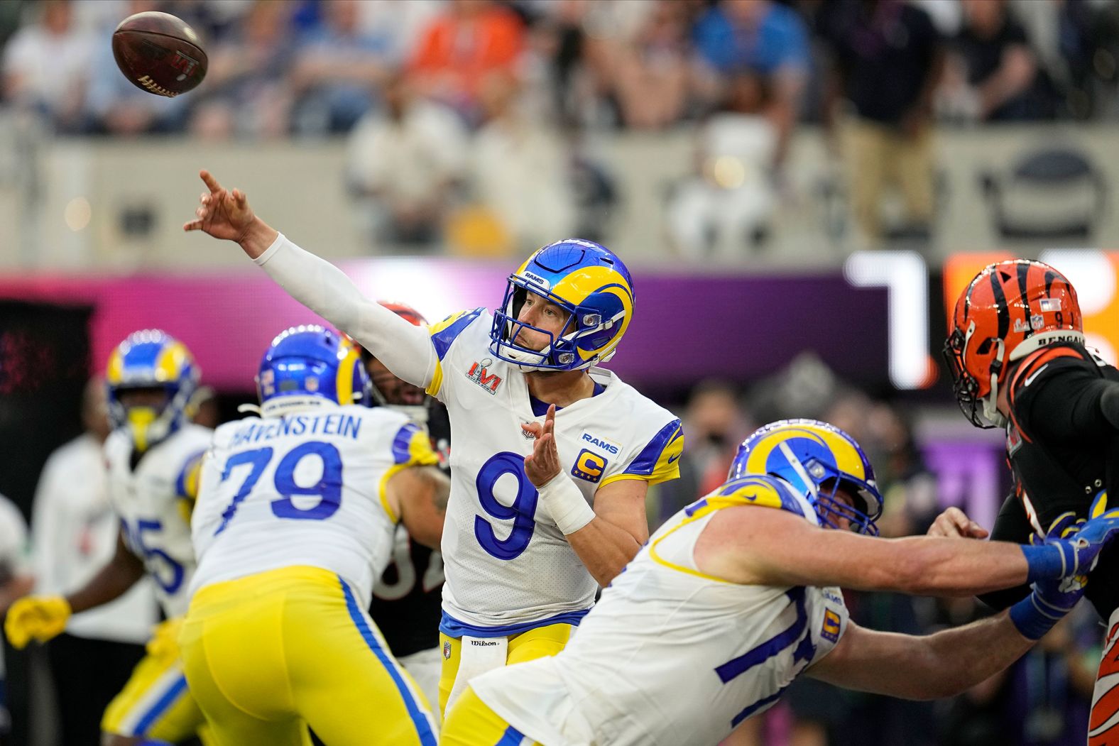 Stafford makes a pass in the first half.