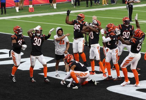 Some of the Bengals celebrate a second-quarter interception by Jessie Bates III. Among them was injured cornerback Vernon Hargreaves, who got the Bengals a taunting penalty for joining the celebration.