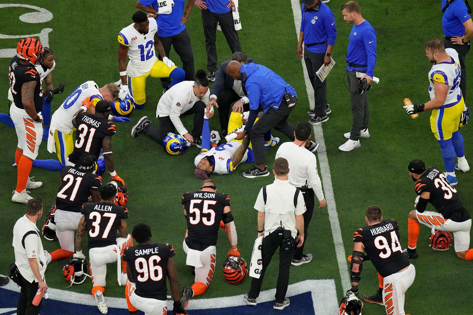 Beckham is attended to after suffering a knee injury in the second quarter. He did not return to the game.