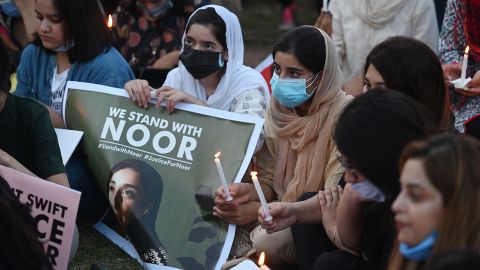 Women rights activists in Pakistan protest against the brutal killing of Noor Mukadam September 22, 2021. 