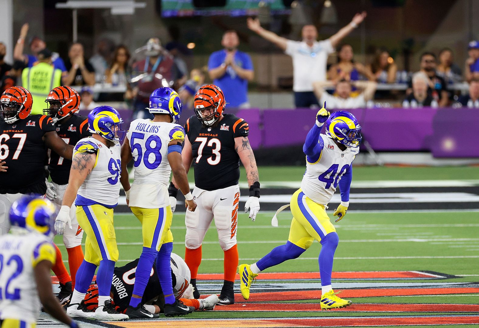 Miller, right, reacts after sacking Burrow in the second half. This was his second Super Bowl win, as he also won Super Bowl 50 with the Denver Broncos. He was traded to the Rams earlier this season.