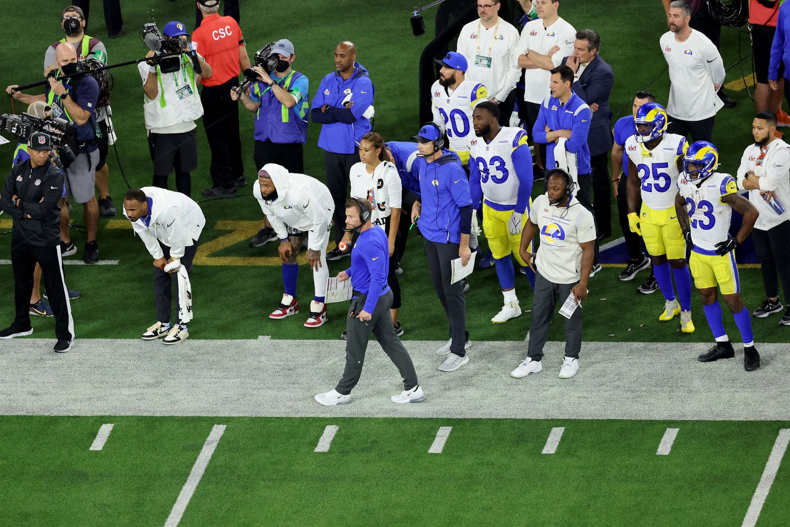 McVay, front center, walks the sideline during the game.