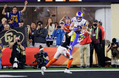 Los Angeles Rams wide receiver Cooper Kupp catches the game-winning touchdown pass in Super Bowl LVI. Kupp caught two touchdowns in the game and was named Most Valuable Player as the Rams defeated the Cincinnati Bengals 23-20.