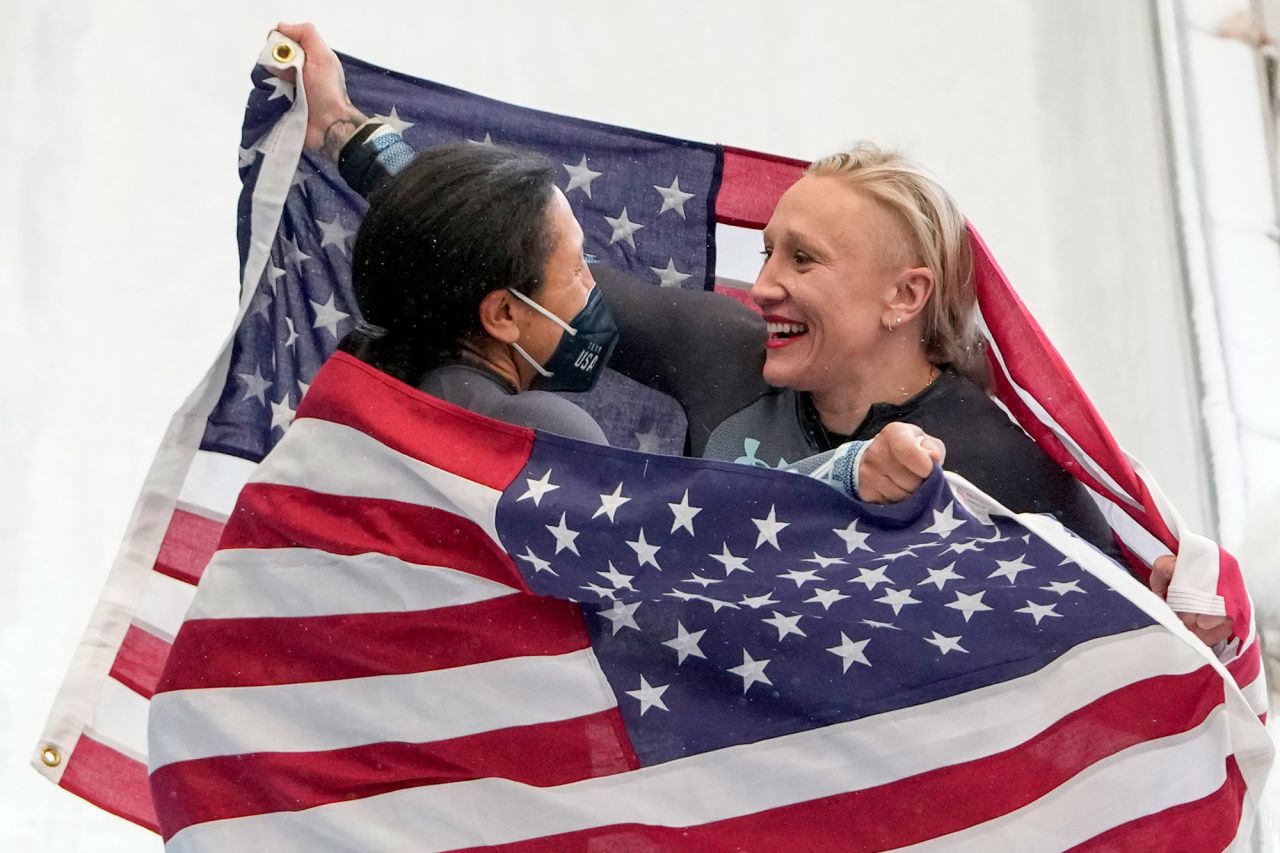 American bobsledders Elana Meyers Taylor, left, and Kaillie Humphries celebrate after winning silver and gold medals, respectively, in the monobob on February 14. <a href="https://www.cnn.com/world/live-news/beijing-winter-olympics-02-14-22-spt/h_b3fd6012a07387e989327e1aaf215404" target="_blank">They're the first women to win bobsled medals at four consecutive Winter Olympics.</a> Humphries had two golds and a bronze from past Olympic Games. Meyers Taylor had two silvers and a bronze. 