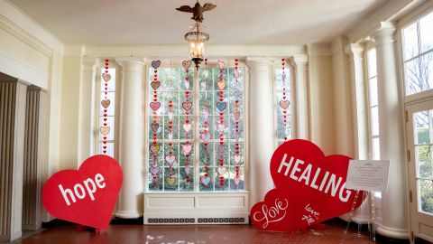 The East Wing landing is decorated for Valentine's Day on Friday, February 11, 2022, at the White House.