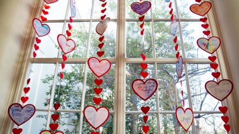 The East Wing landing is decorated for Valentine's Day on Friday, February 11, 2022, at the White House. 