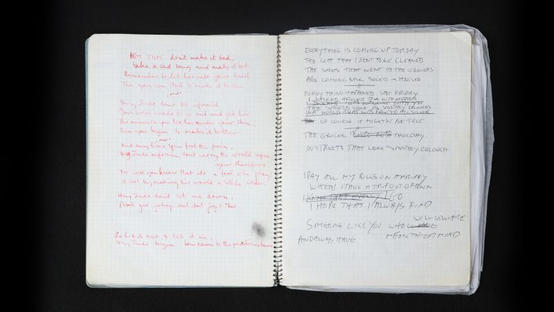 The Beatles: Rare notebook featuring handwritten 'Hey Jude' lyrics