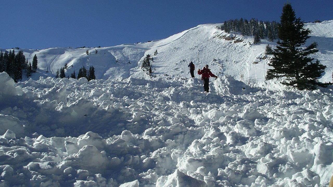 Rescuers working Dutch Draw avalanche in 2004 debris field, search for visual clues of people buried.
