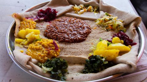 Injera, a large sourdough flatbread made with teff flour.