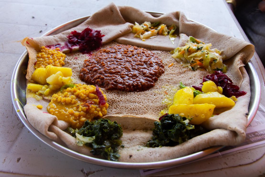 Injera, a large sourdough flatbread made with teff flour.