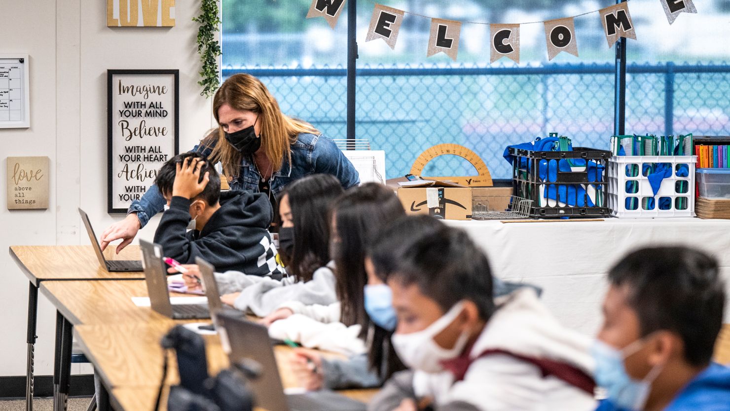 Students and a teacher at the Vista View Middle School in Huntington Beach, California, last month. 
