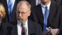 U.S. Attorney John Durham, center, outside federal court in New Haven, Connecticut in February 2021, after the sentencing of former Gov. John Rowland. 