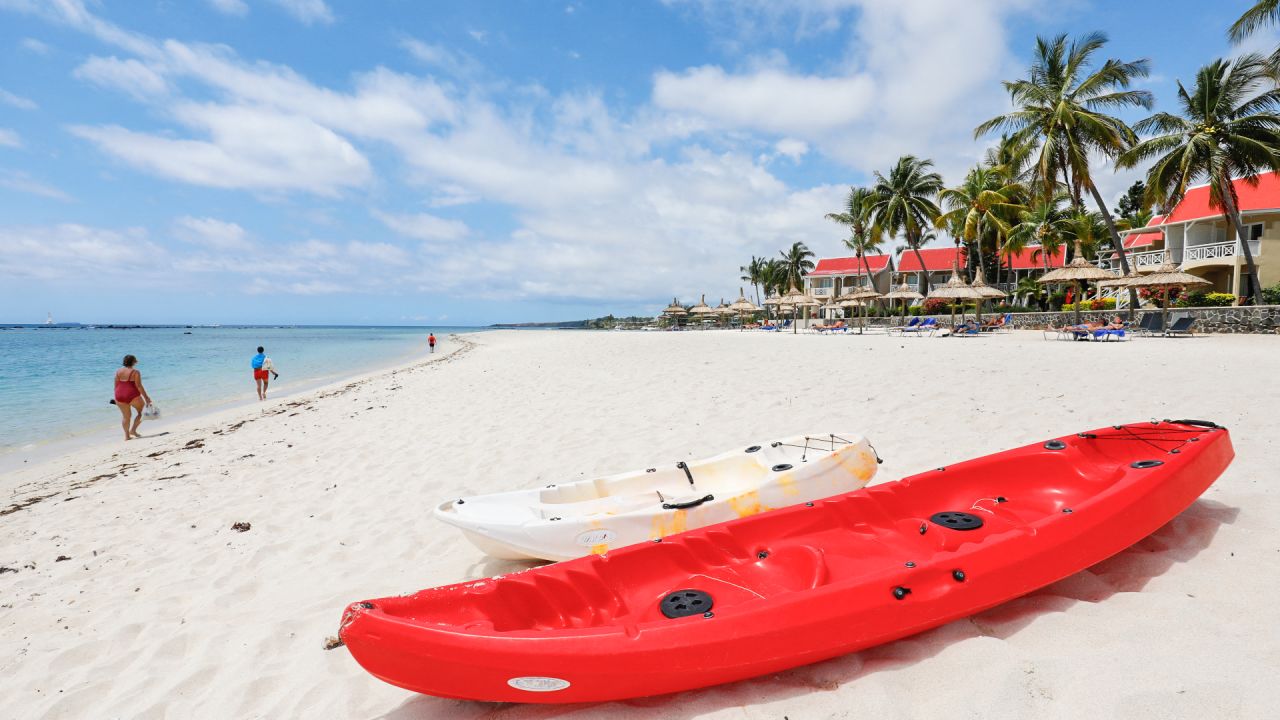 A general view of kayaks on the Flic en Flac beach at Hotel Villa Carolina, located on the western coast of Mauritius on November 3, 2021. - A month after reopening its borders Mauritius is starting to see tourists on beaches again. (Photo by Laura MOROSOLI / AFP) (Photo by LAURA MOROSOLI/AFP via Getty Images)