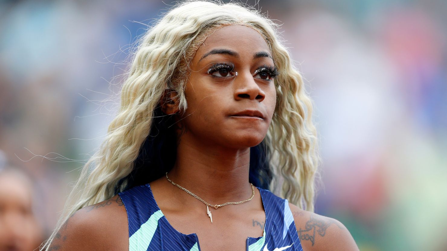 Sha'Carri Richardson reacts after finishing last in the 100m race during the Wanda Diamond League Prefontaine Classic at Hayward Field on August 21, 2021, in Eugene, Oregon.